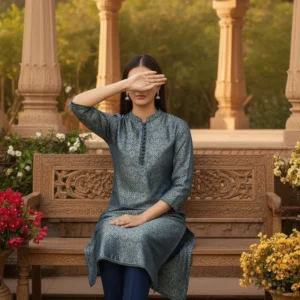 Teal Blue Jamawar Shirt With Stitching Details PS6086